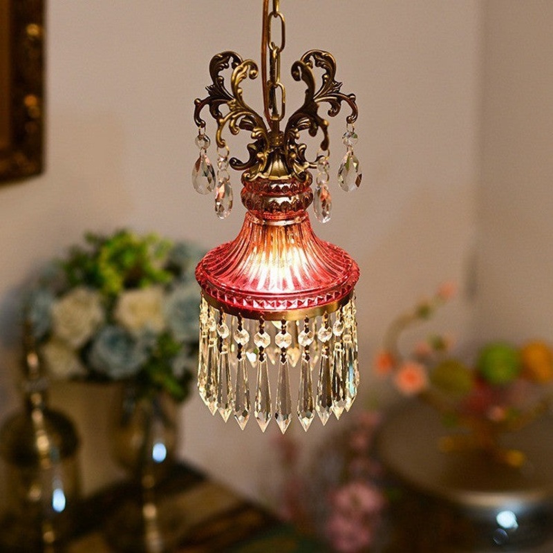 Traditional French Antique Brass Crystal Tassel Round 1-Light Pendant Light For Living Room