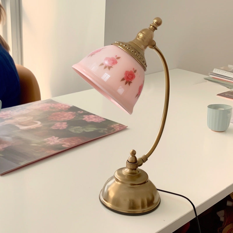Traditional French Antique Brass Printed Glass Round Shade 1-Light Table Lamp For Home Office