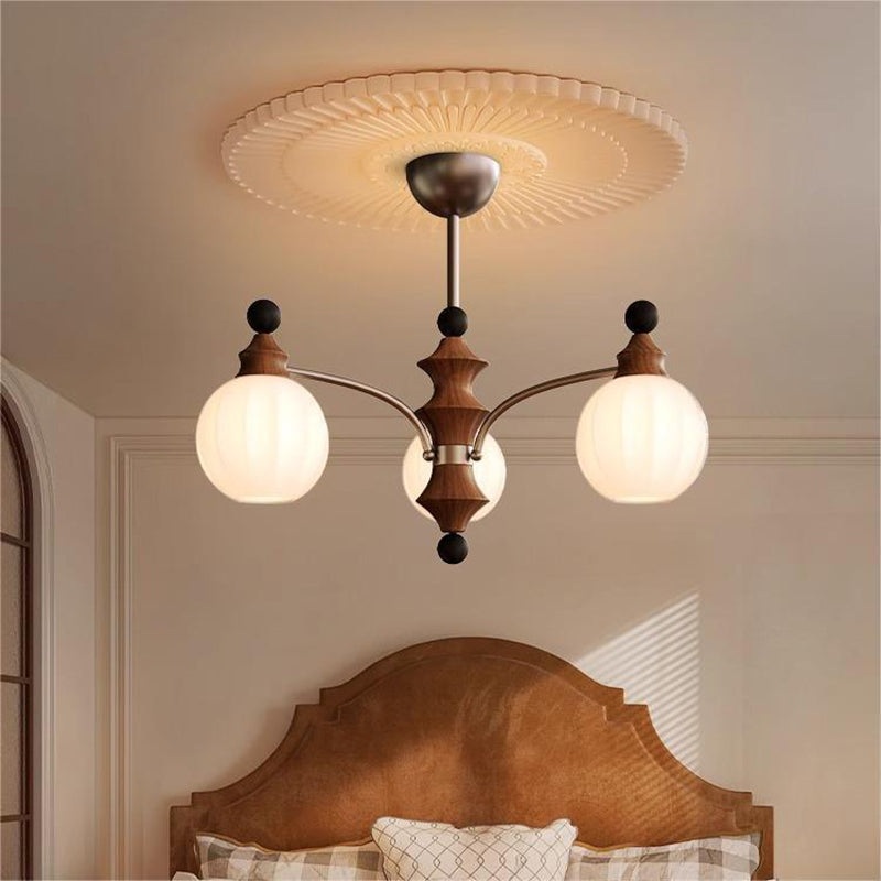 Traditional French Ash Wood Glass Round Shade 3/5-Light Chandelier For Living Room