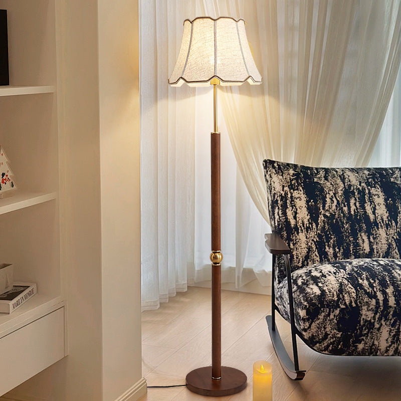 Traditional French Fabric Shade Hardware Solid Wood Base 1-Light Standing Floor Lamp For Bedroom