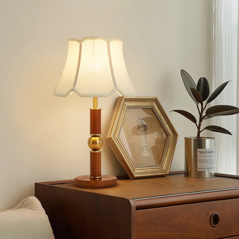 Traditional French Fabric Shade Hardware Solid Wood Base 1-Light Table Lamp For Bedroom