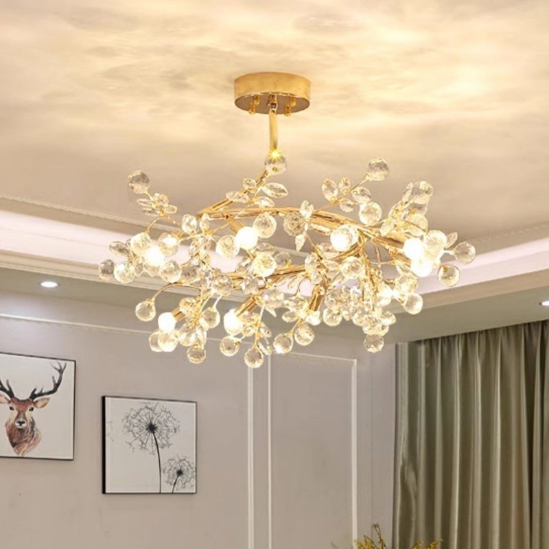 Traditional French Rose Branch Round Crystal Ceramic Iron 9-Lights Chandelier For Living Room