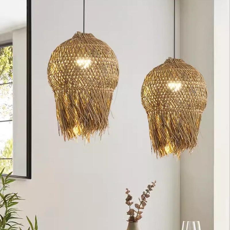 Traditional French Straw Weaving Round Shade 1-Light Pendant Light For Living Room