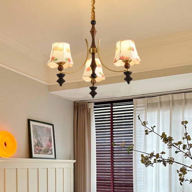 Traditional French Wood Iron Arc Frame Maple Leaves Fabric Shade 3/5-Light Chandelier For Living Room
