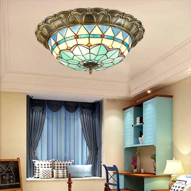 Traditional Tiffany Round Dome Iron Stained Glass LED Flush Mount Ceiling Light For Living Room