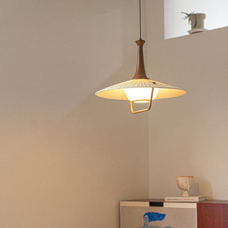 Traditional Vintage Pleated Fabric Hat Shade Solid Wood Iron 1-Light Pendant Light For Living Room