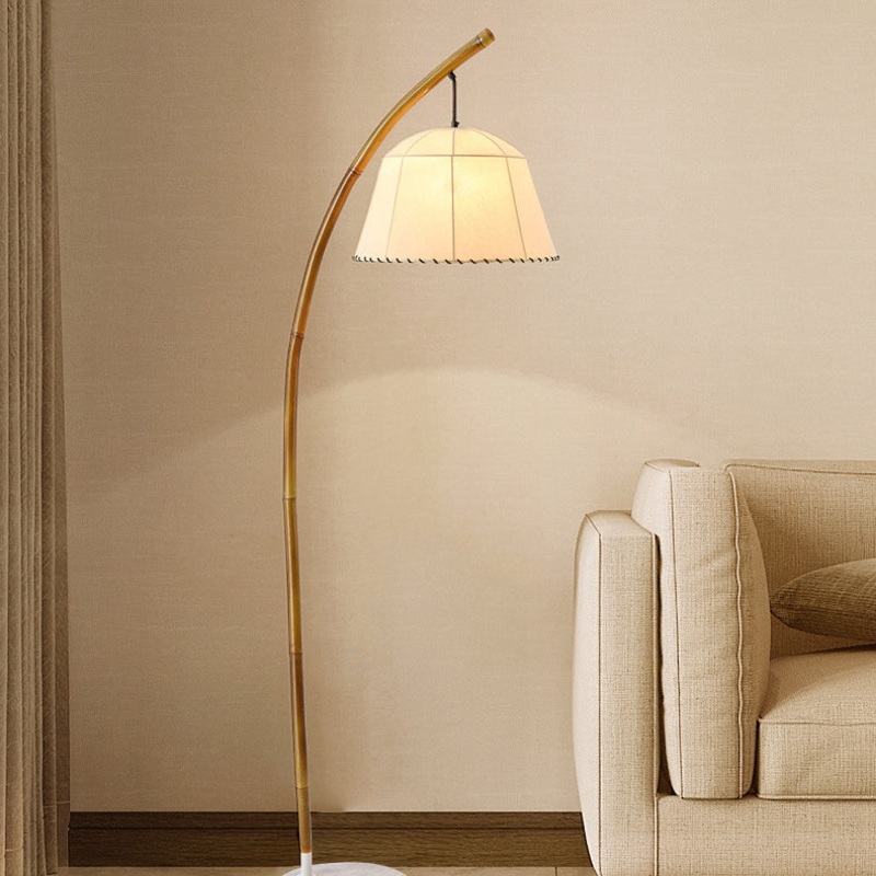 Traditional Vintage Round Cone Bamboo Fabric Marble 1-Light Standing Floor Lamp For Living Room