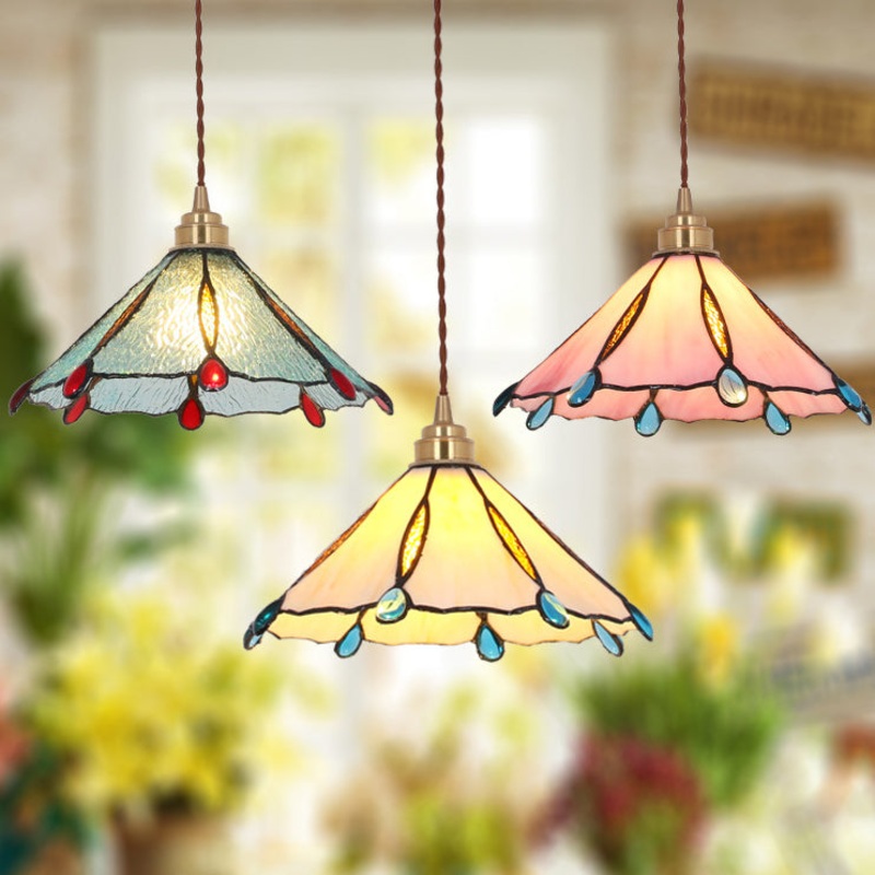 Contemporary Creative Conical Round Umbrella Glass Brass 1-Light Pendant Light For Living Room