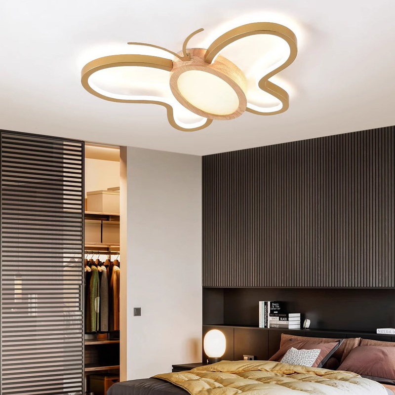 Contemporary Creative Kids Butterfly Shape Hardware Acrylic Rubberwood LED Flush Mount Ceiling Light For Bedroom
