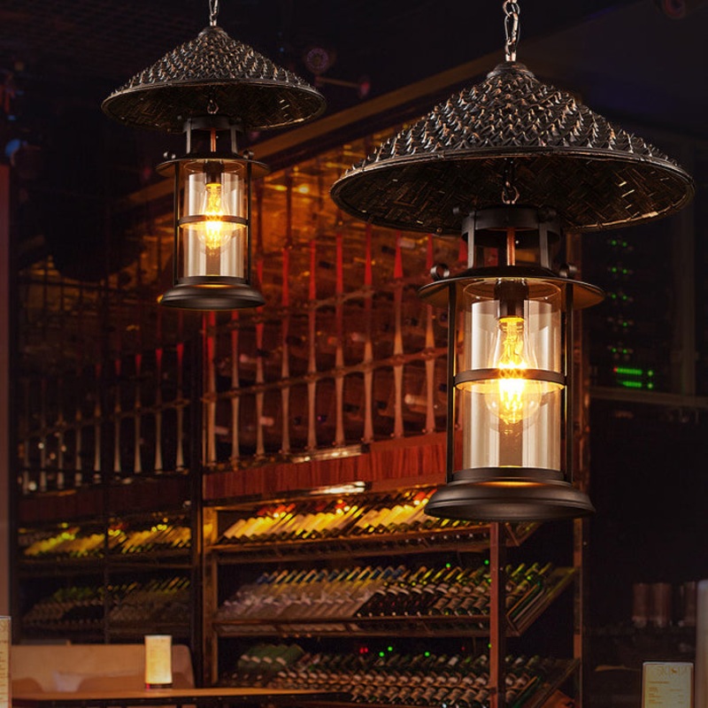 Contemporary Industrial Hat Cone Cylinder Iron Bamboo Glass 1-Light Pendant Light For Living Room