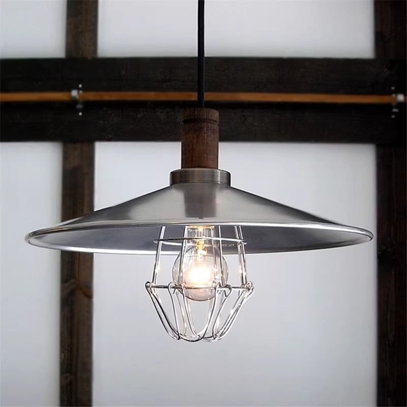 Contemporary Industrial Round Cone Wood Aluminum 1-Light Pendant Light For Living Room