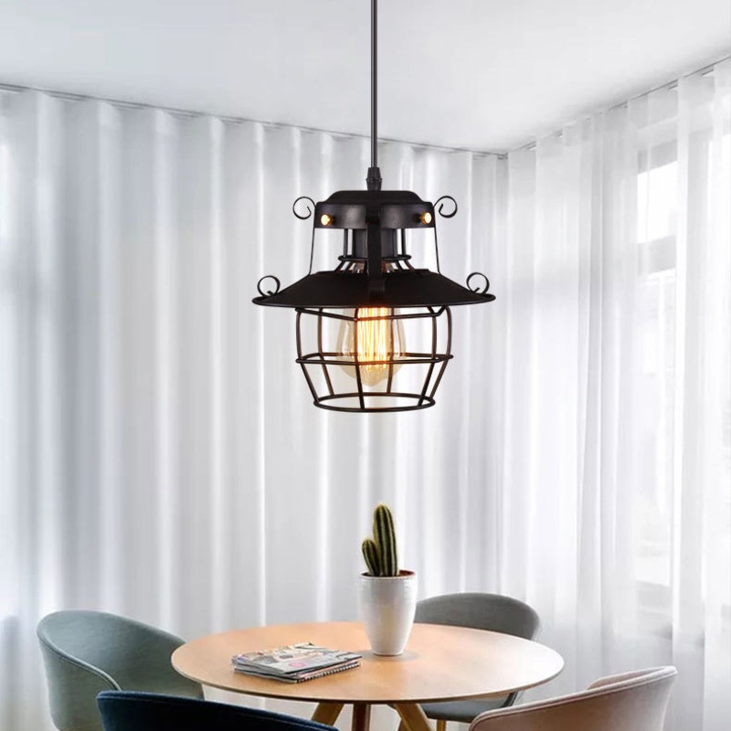 Contemporary Industrial Round Iron Cage Frame 1-Light Pendant Light For Living Room
