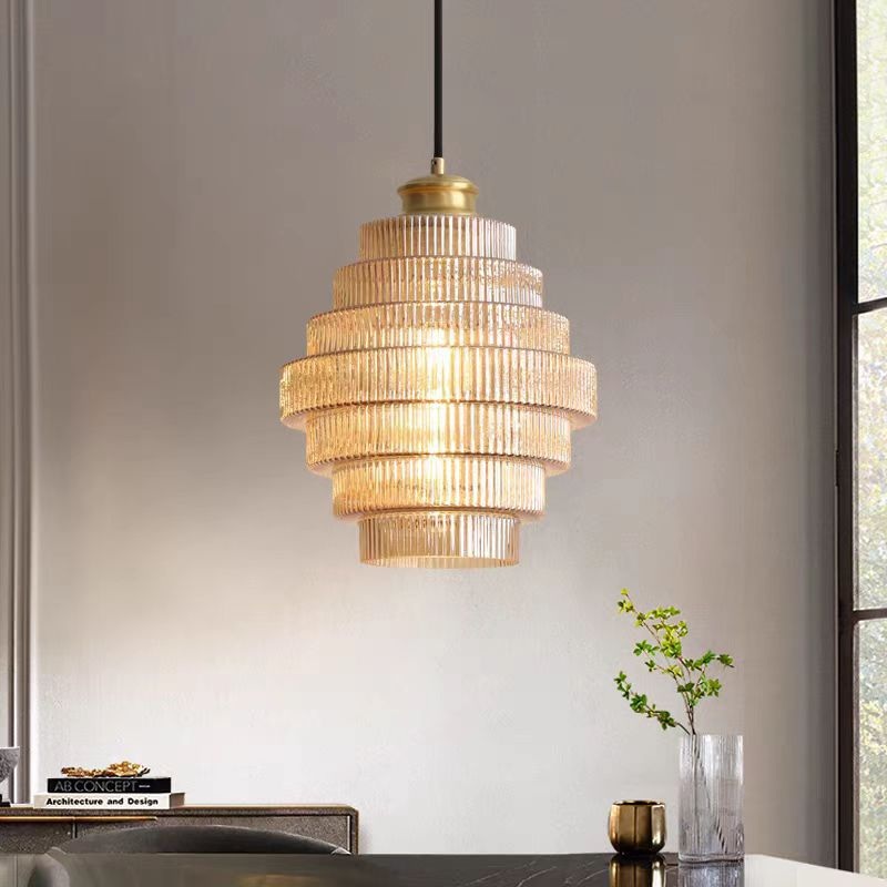Contemporary Nordic Round Striped Glass 1-Light Pendant Light For Living Room