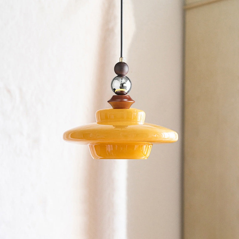 Contemporary Retro Round Disc Orb Solid Wood Glass 1-Light Pendant Light For Living Room
