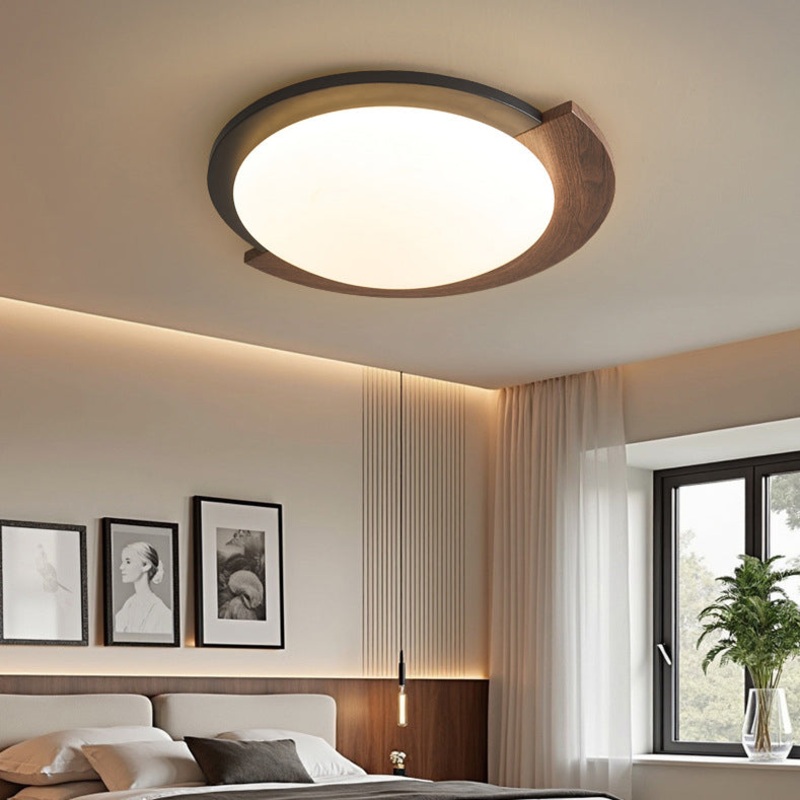 Contemporary Retro Round Wood Grain Iron Frame Acrylic Shade LED Flush Mount Ceiling Light For Living Room