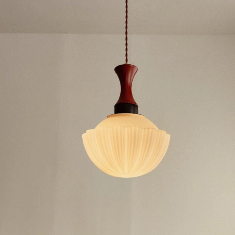Contemporary Retro Solid Wood Round Glass Shade 1-Light Pendant Light For Living Room