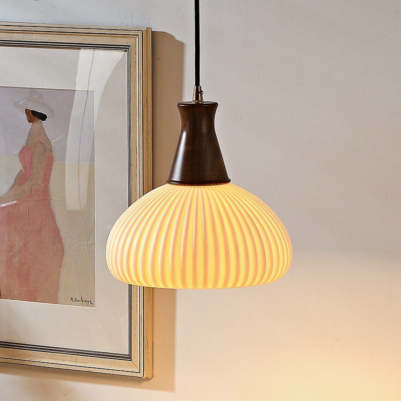 Contemporary Retro Wood Ceramic Pleated Dome 1-Light Pendant Light For Living Room