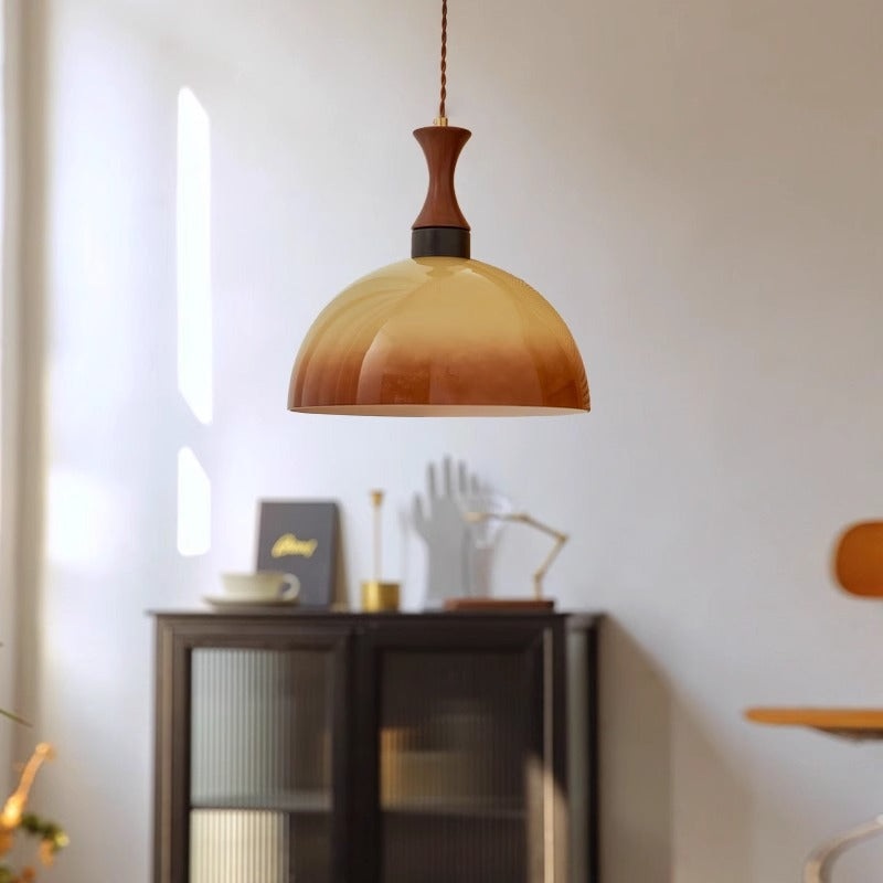 Contemporary Scandinavian Cream Round Cone Wood Glass 1-Light Pendant Light For Dining Room