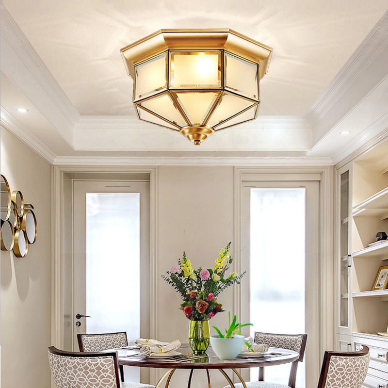 Contemporary Scandinavian Hexagonal Square Glass Copper Iron 2/3 Light Flush Mount Ceiling Light For Bedroom