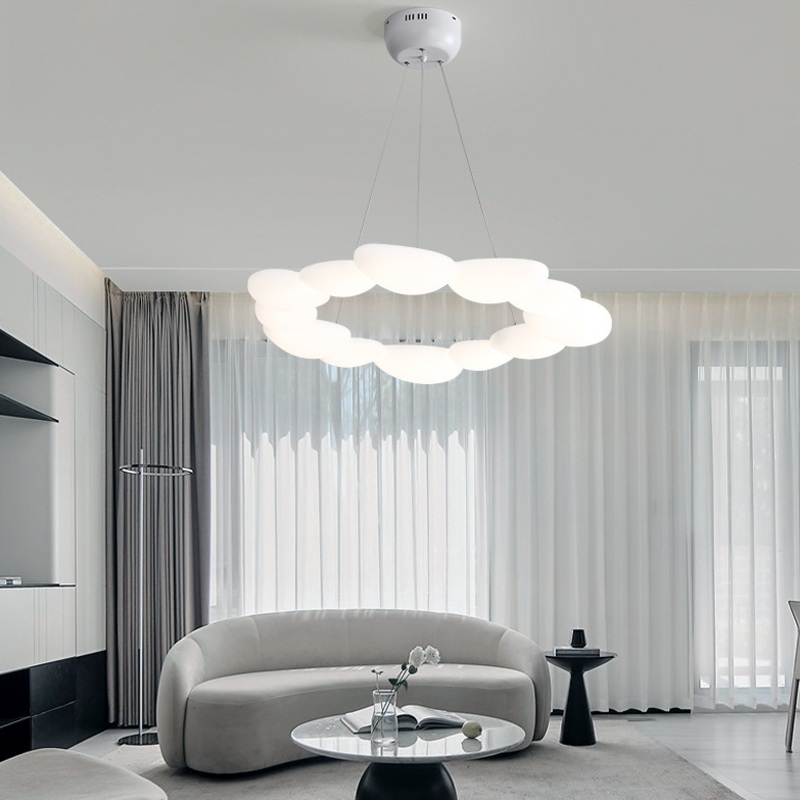Contemporary Scandinavian Pebbles PE Lampshade Hardware LED Chandelier For Dining Room