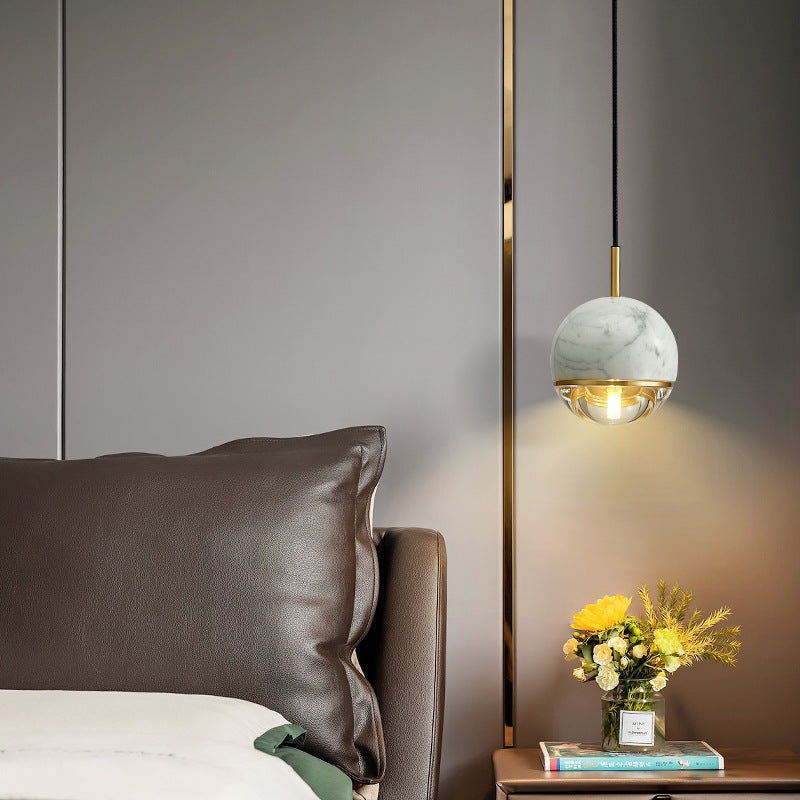Contemporary Scandinavian Round Orb Copper Marble Glass 1-Light Pendant Light For Bedroom