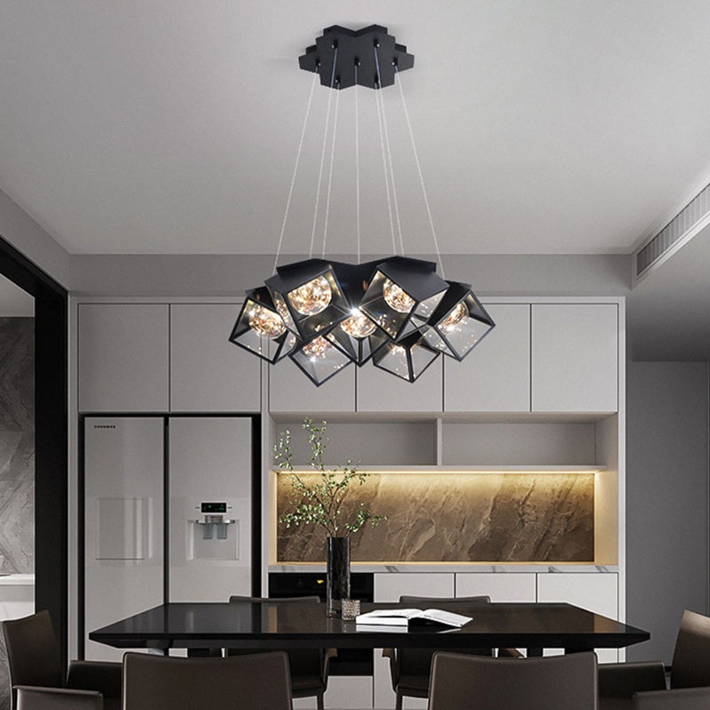 Modern Art Deco Baby's Breath Cube Sphere Iron Acrylic Lampshade LED Chandelier For Dining Room