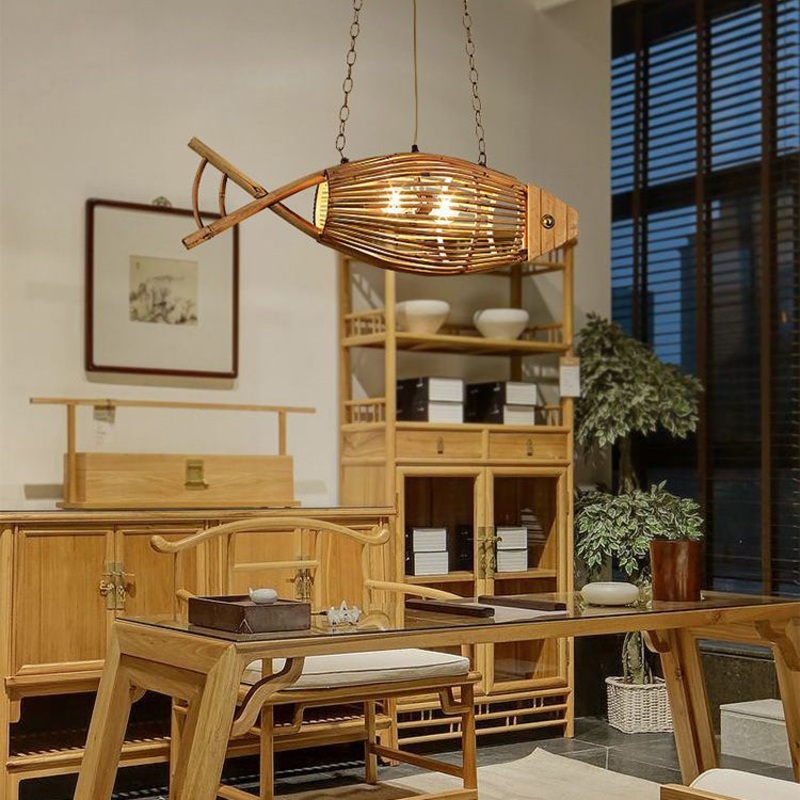 Traditional Chinese Fish Shape Solid Wood Bamboo 1-Light Island Light Chandelier For Dining Room
