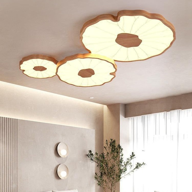 Traditional Chinese Lotus Leaf Round Iron Acrylic LED Flush Mount Ceiling Light For Living Room