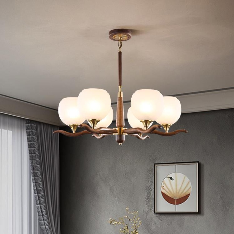 Traditional Chinese Sphere Copper Solid Wood Glass 6/8 Light Chandelier For Living Room