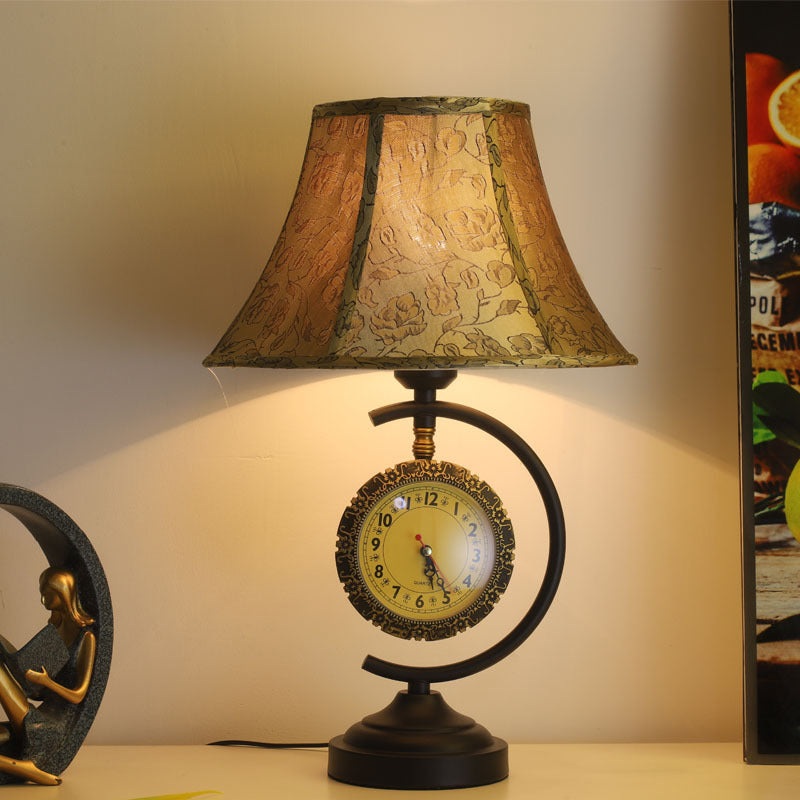 Traditional European Clock Pattern Fabric Lampshade Iron Base 1 - Light Table Lamp For Living Room