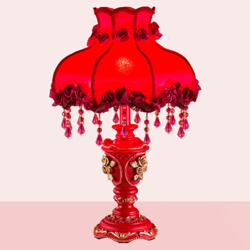Traditional European Fabric Resin Rose Carved Column Beads Wedding Decoration 1-Light Table Lamp For Bedside