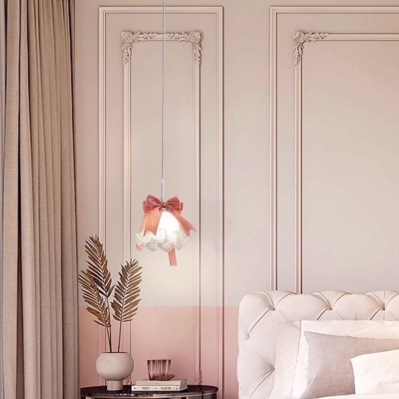 Traditional French Cream Girl Bow Round Iron Glass 1-Light Pendant Light For Bedroom