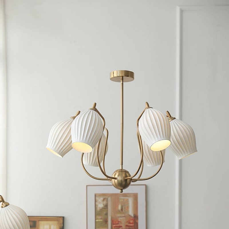 Traditional French Hardware Curved Rod Striped Ceramic Shade 4/6/8 Light Chandelier For Living Room