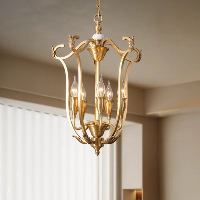 Traditional French Round Line Full Brass Frame 5-Light Chandelier For Living Room