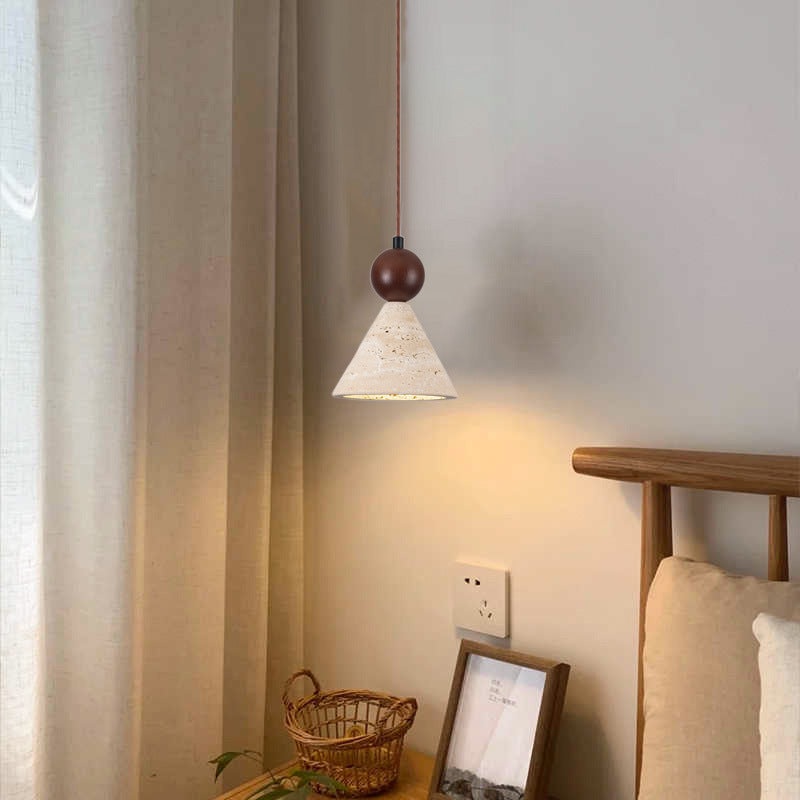 Traditional Japanese Cone Wood Stone 1-Light Pendant Light For Living Room
