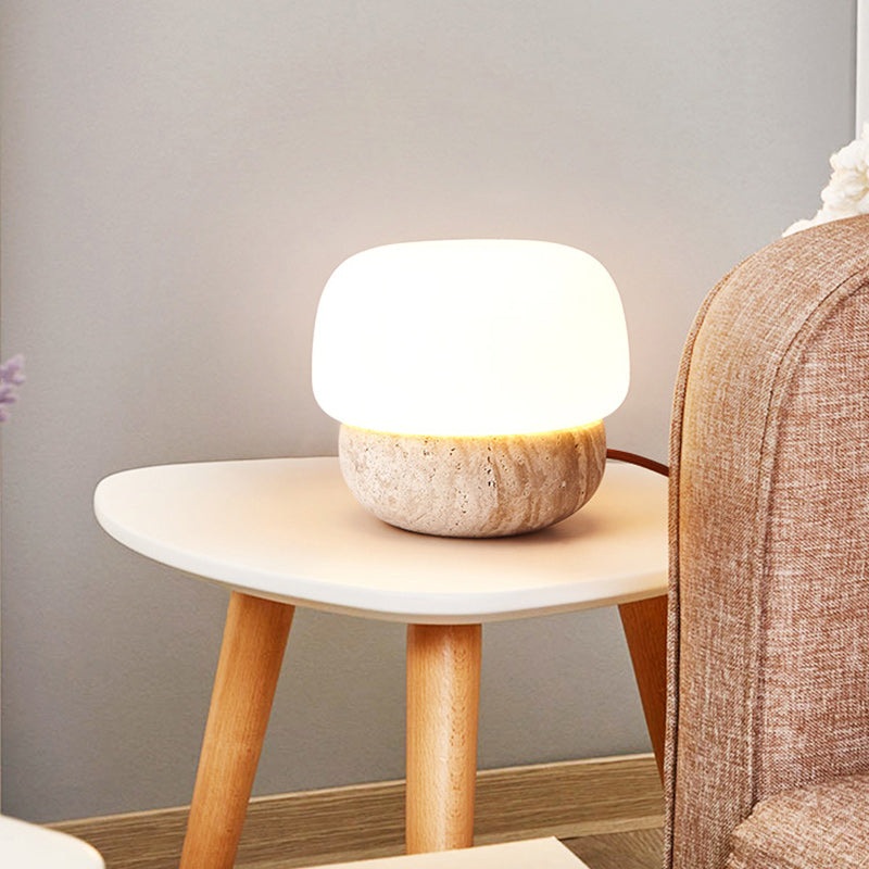 Traditional Japanese Cylinder Stone Glass 1-Light Table Lamp For Living Room