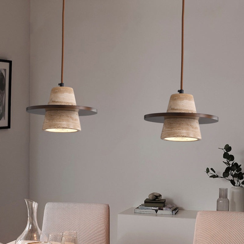 Traditional Japanese Dome Circle Trapezoid Yellow Travertine Rubber Wood Lampshade 1 - Light Pendant Light For Dining Room