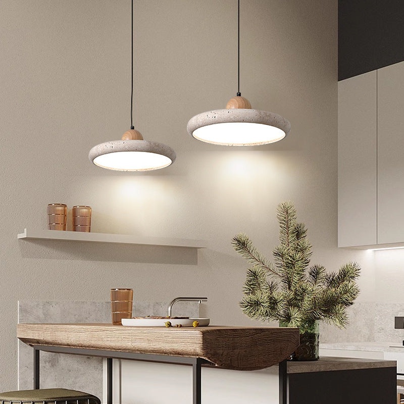 Traditional Japanese Dome Round Yellow Travertine Lampshade Wood LED Pendant Light For Dining Room