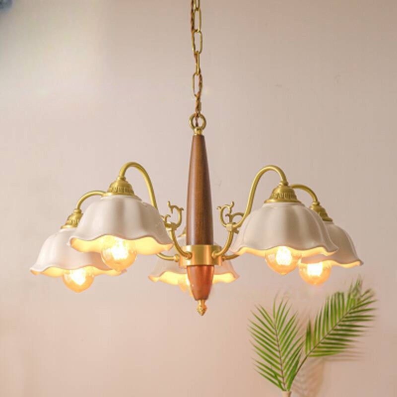 Traditional Japanese Drum Wood Copper Ceramic 3/5-Light Chandelier For Living Room
