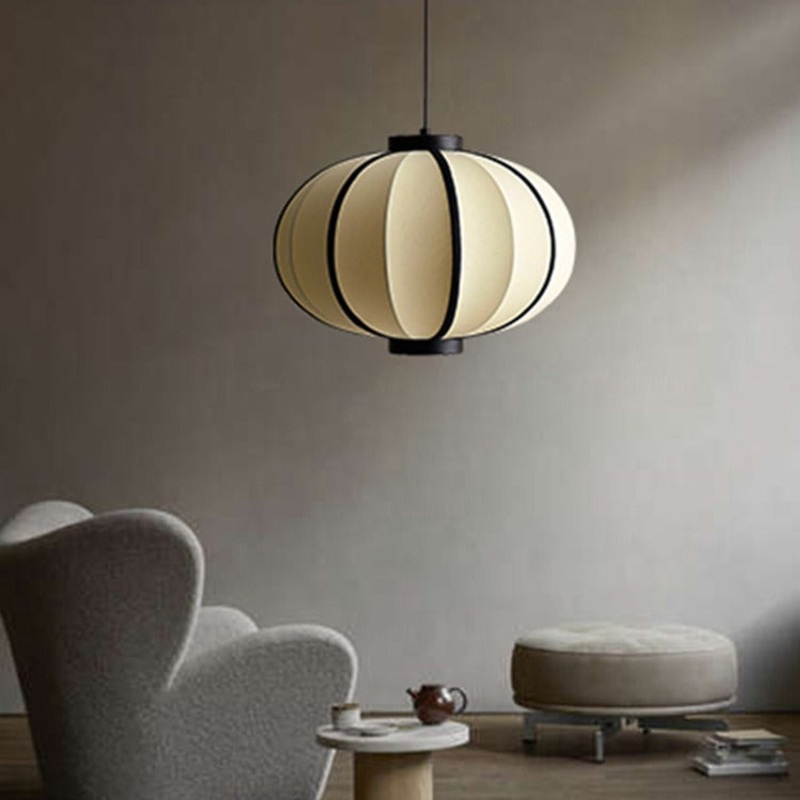 Traditional Japanese Oval Iron Frame Fabric Shade 1-Light Pendant Light For Living Room