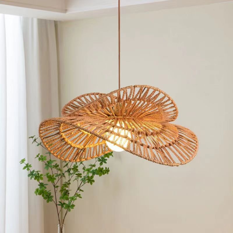 Traditional Japanese Oval Iron Rattan 1-Light Pendant Light For Living Room
