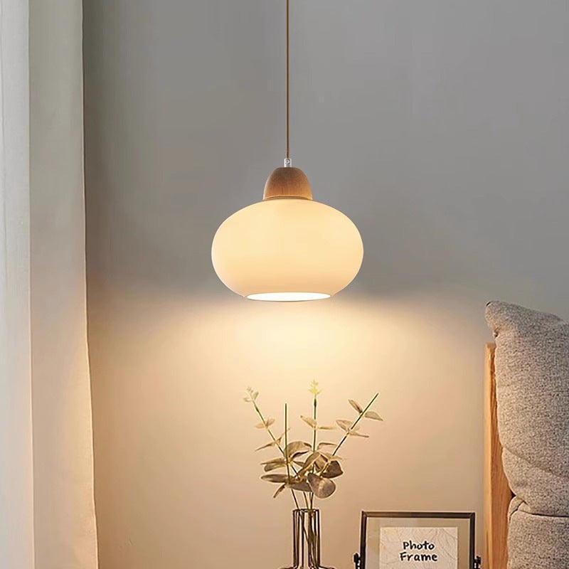 Traditional Japanese Oval Wood Glass 1-Light Pendant Light For Living Room