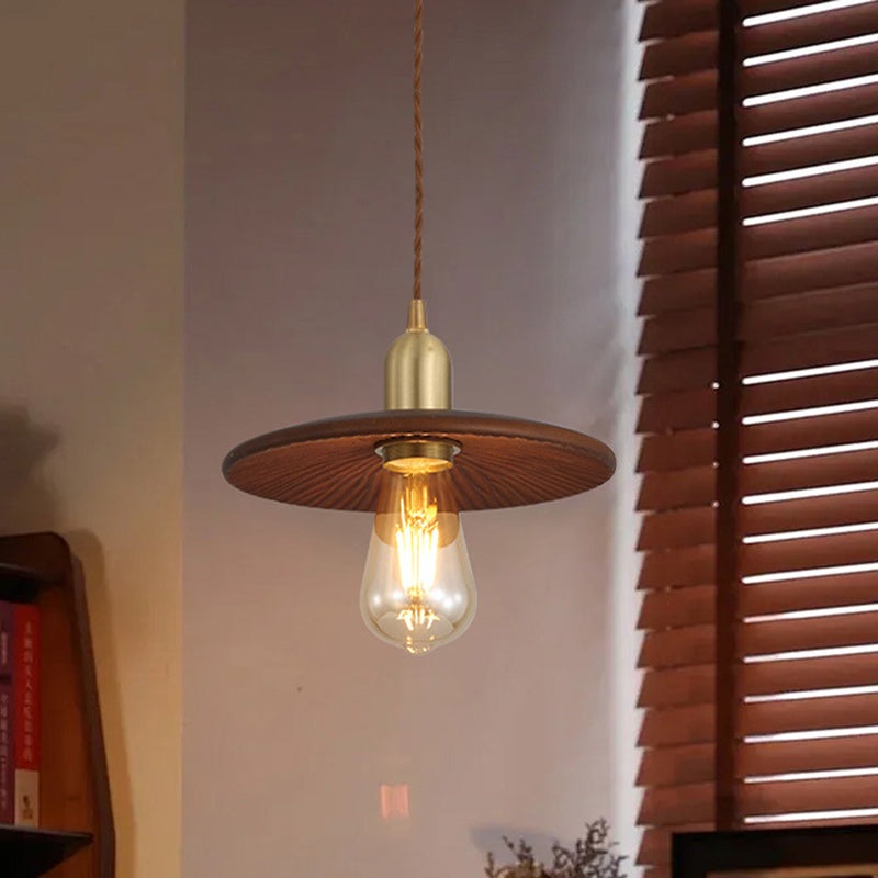 Traditional Japanese Round Copper Wood 1-Light Pendant Light For Living Room