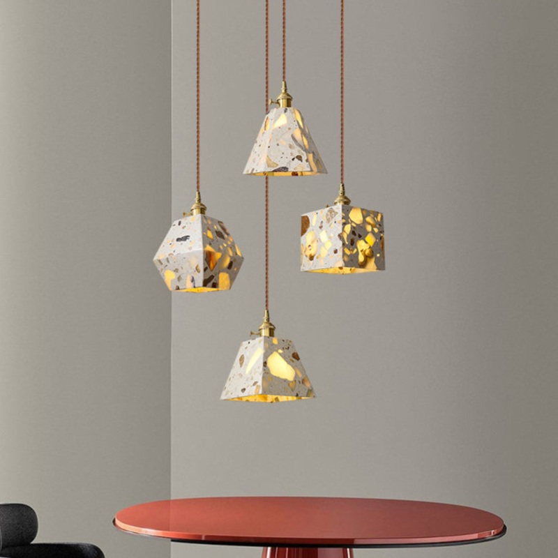 Traditional Japanese Skeleton Tapered Square Cement Marble Copper 1-Light Pendant Light For Living Room