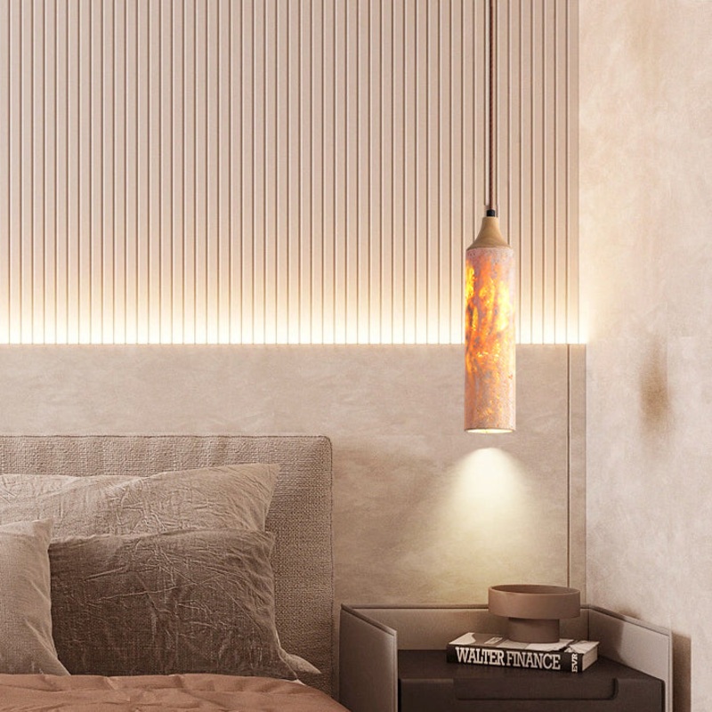 Traditional Japanese Yellow Travertine Strip Solid Wood 1-Light Pendant Light For Living Room