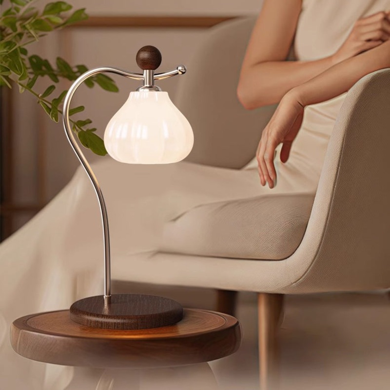Traditional Vintage Floral Arc Round Cone Wood Iron Glass LED Table Lamp For Bedroom