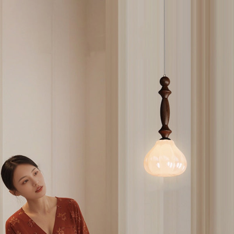 Traditional Vintage Floral Round Cone Wood Iron Glass LED Pendant Light For Bedroom