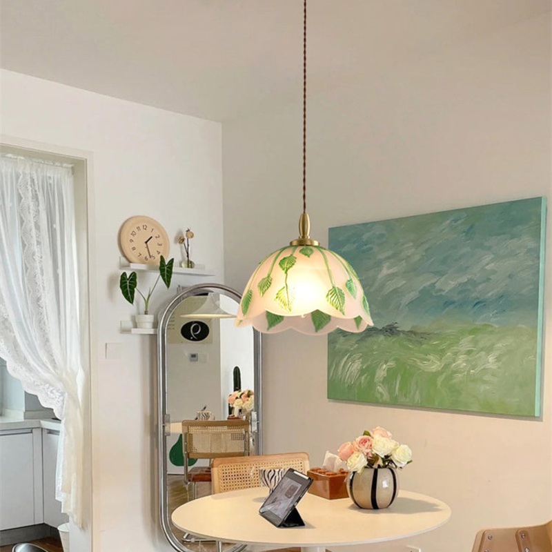 Traditional Vintage Green Leaf Round Glass Brass 1-Light Pendant Light For Living Room