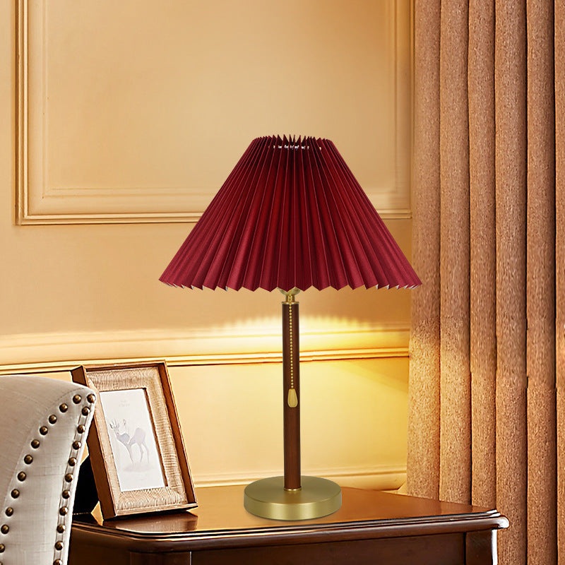 Traditional Vintage Pleated Round Cone Fabric Glass Walnut Brass 1-Light Table Lamp For Living Room