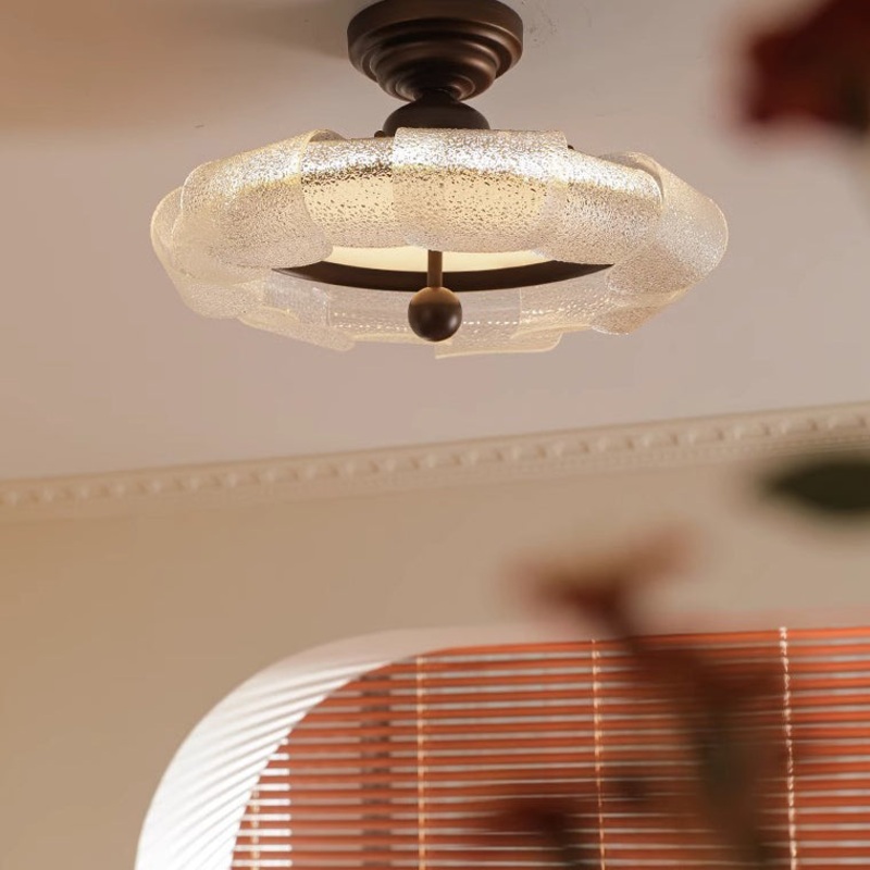 Traditional Vintage Round Iron Glass LED Semi-Flush Mount Ceiling Light For Bedroom